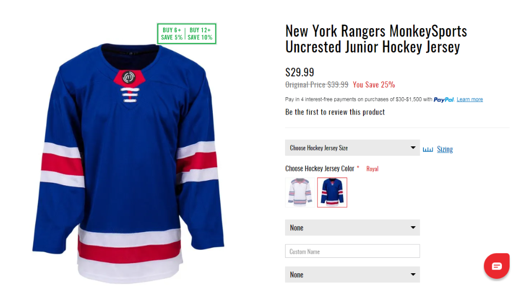 New York Rangers MonkeySports Uncrested Junior Hockey Jersey